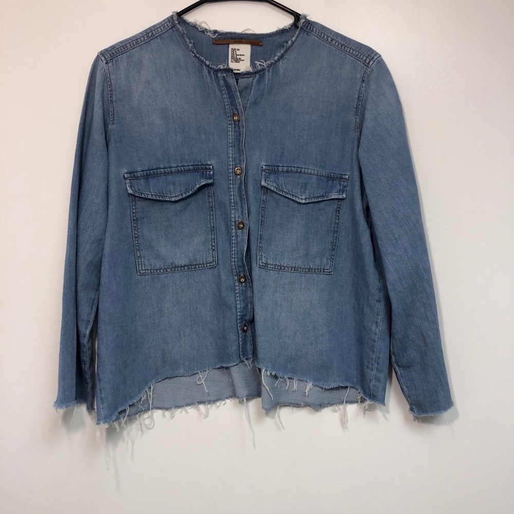 & Denim Button Up Crop Top Frayed Hems Size 6